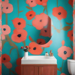 A bathroom vanity mounted on a wall, set against a backdrop of turquoise and dark salmon abstract print wallpaper, inspired by Andy Warhol's style. A vase with assorted flowers sits on the vanity.