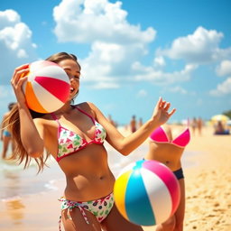 A vibrant beach scene featuring a cheerful teenage girl, around 16 years old, wearing a stylish bikini