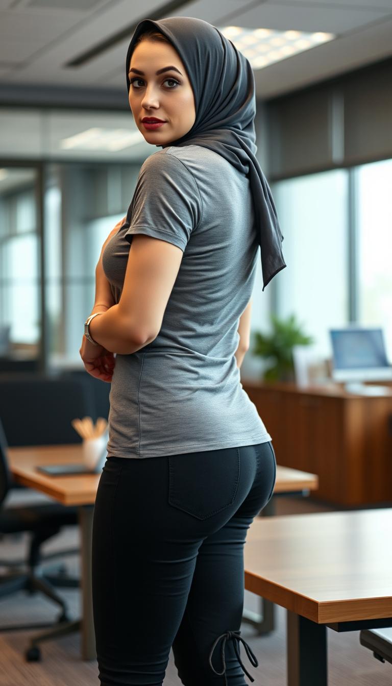 A full body portrait of a 46-year-old Slavic MILF secretary, viewed from the back but turning slightly to engage with the camera