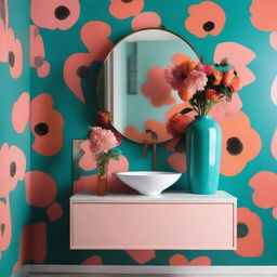 A bathroom vanity mounted on a wall, set against a backdrop of turquoise and dark salmon abstract print wallpaper, inspired by Andy Warhol's style. A vase with assorted flowers sits on the vanity.