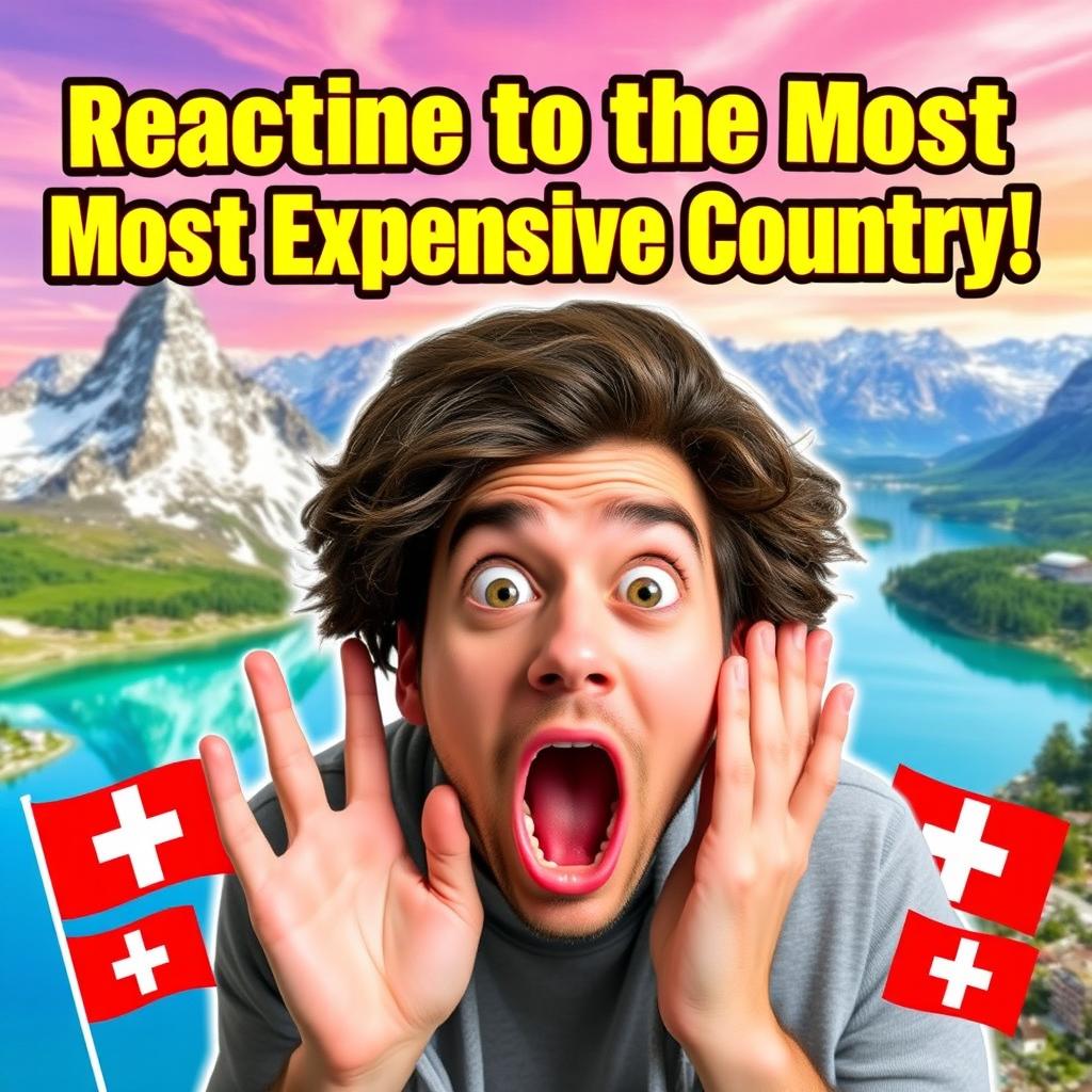 A dynamic and engaging thumbnail for a YouTube video featuring a reaction to the most expensive country in the world, Switzerland
