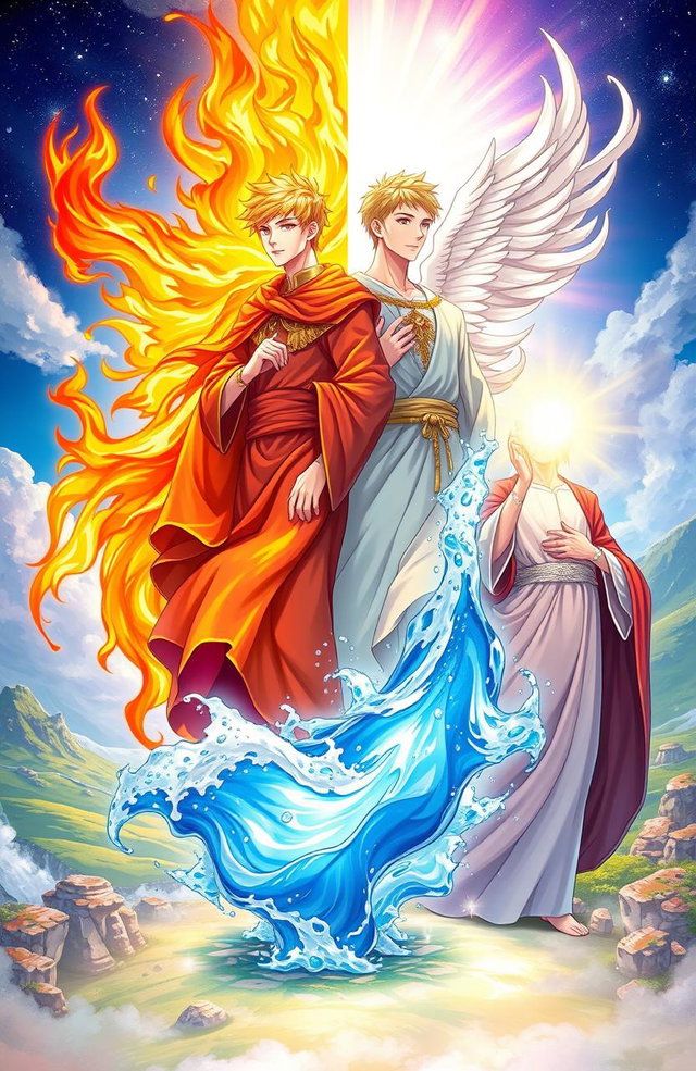 A stunning illustration of four young male saints, each representing a different elemental power