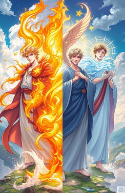 A stunning illustration of four young male saints, each representing a different elemental power