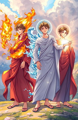 A stunning illustration of four young male saints, each representing a different elemental power