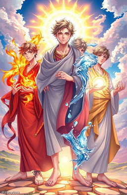 A stunning illustration of four young male saints, each representing a different elemental power