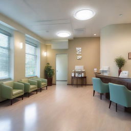 A large, welcoming reception area for a dental clinic featuring fifteen comfortable chairs for patients. Accompanied by a reception desk, the room is illuminated with soft light, complemented with tasteful decor and soothing wall colors.