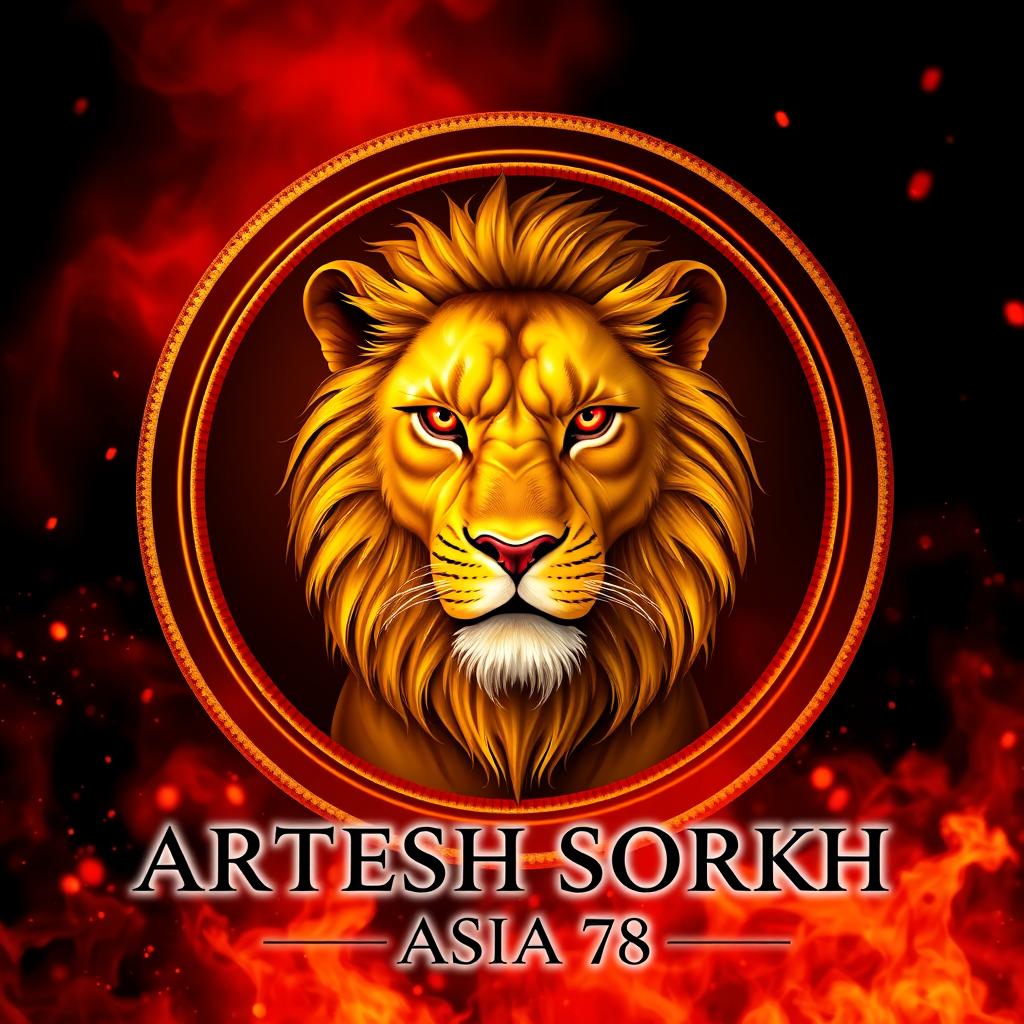 A realistic golden lion with piercing red eyes, captured from a front angle