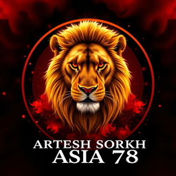 A realistic golden lion with piercing red eyes, captured from a front angle