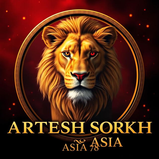 A realistic golden lion with piercing red eyes, captured from a front angle