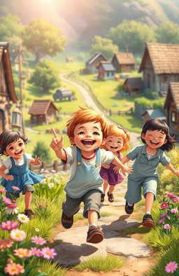 A charming scene depicting a joyful and spirited little boy, surrounded by his three cheerful siblings, playing in a vibrant village setting