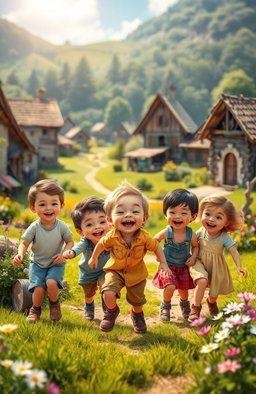 A charming scene depicting a joyful and spirited little boy, surrounded by his three cheerful siblings, playing in a vibrant village setting