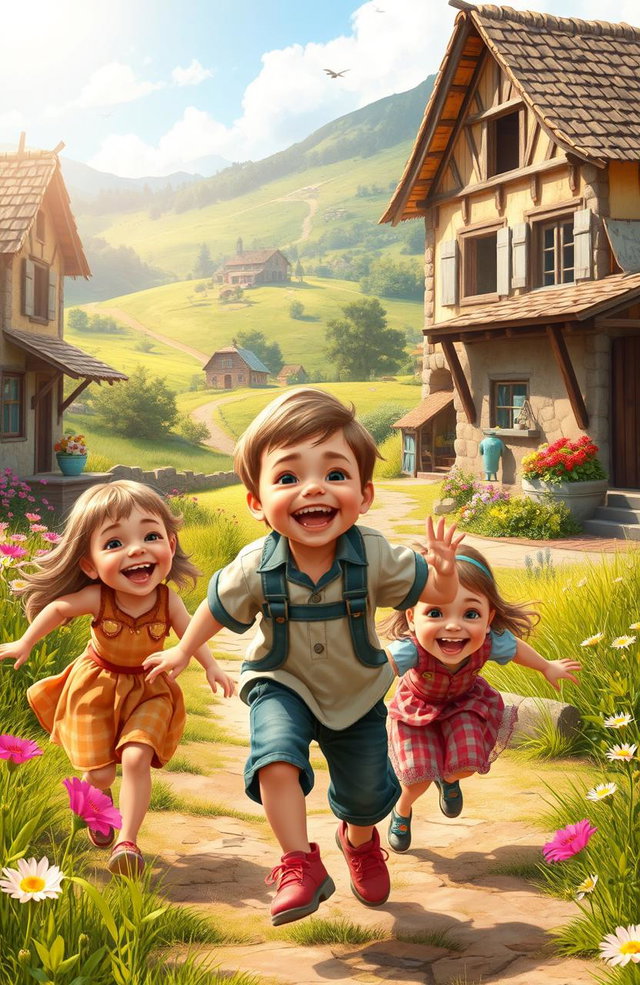 A charming scene depicting a joyful and spirited little boy, surrounded by his three cheerful siblings, playing in a vibrant village setting