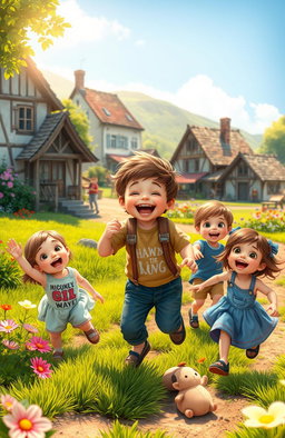 A charming scene depicting a joyful and spirited little boy, surrounded by his three cheerful siblings, playing in a vibrant village setting