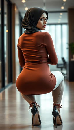 A full body portrait of a 46-year-old Slavic MILF secretary, captured from the back as she squats and looks confidently into the camera