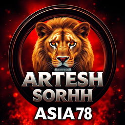 A realistic golden lion with striking red eyes, captured from a front angle