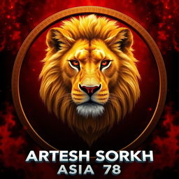 A realistic golden lion with striking red eyes, captured from a front angle