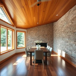 A dining room with a wooden ceiling and floor