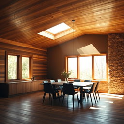 A dining room with a wooden ceiling and floor