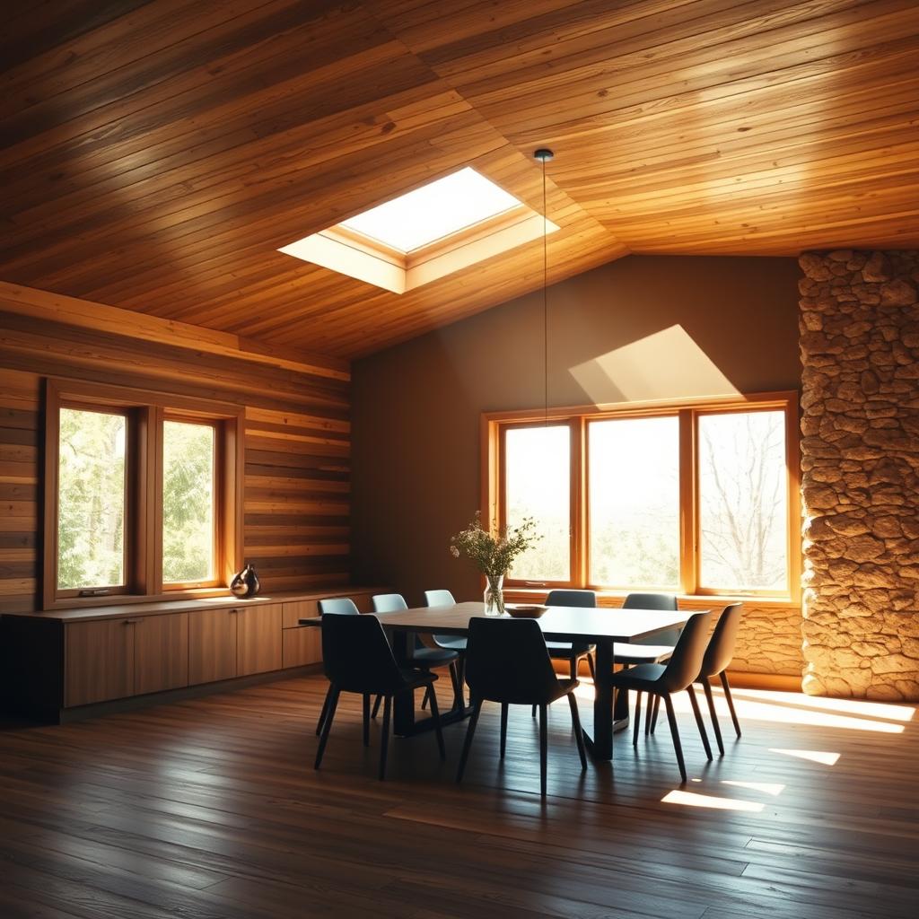 A dining room with a wooden ceiling and floor
