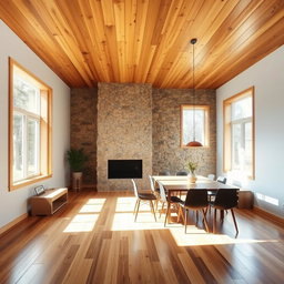 A dining room with a wooden ceiling and floor