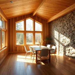 A dining room with a wooden ceiling and floor
