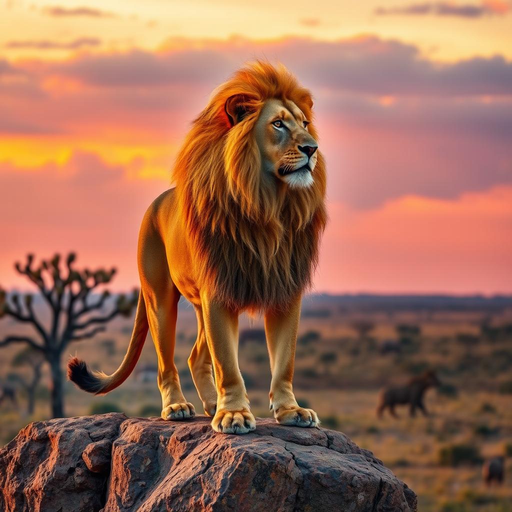 A majestic lion standing proudly on a rocky cliff at sunset