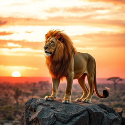 A majestic lion standing proudly on a rocky cliff at sunset