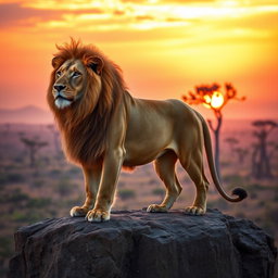 A majestic lion standing proudly on a rocky cliff at sunset