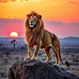 A majestic lion standing proudly on a rocky cliff at sunset