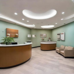 A large, welcoming reception area for a dental clinic featuring fifteen comfortable chairs for patients. Accompanied by a reception desk, the room is illuminated with soft light, complemented with tasteful decor and soothing wall colors.