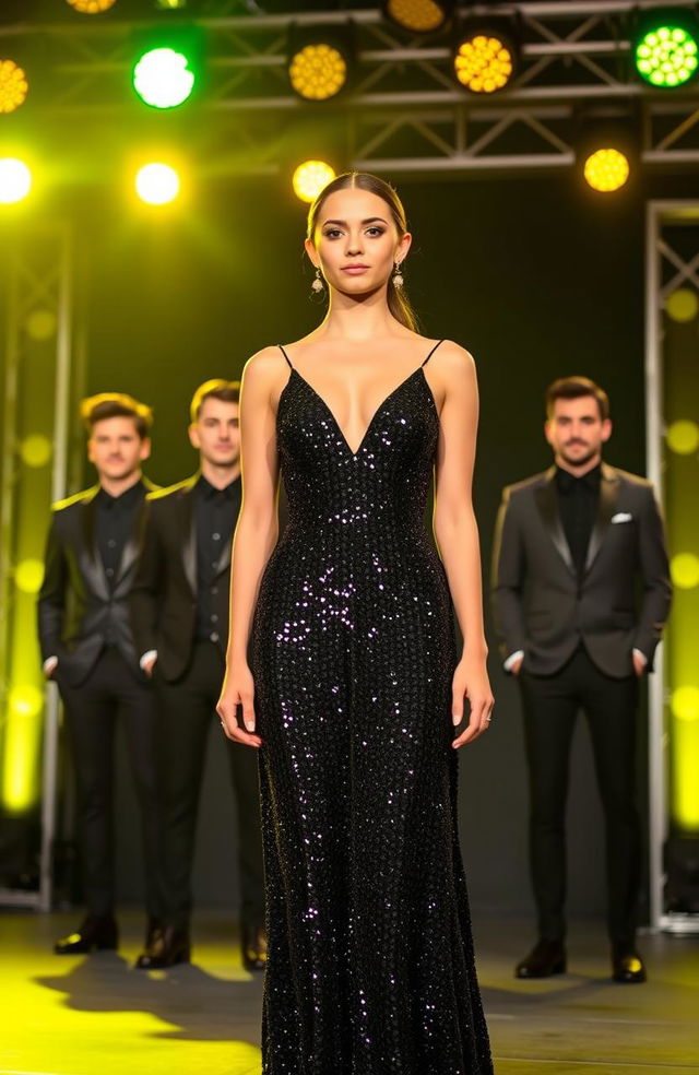 A young woman stands confidently on stage wearing a black glimmering glam sparkling dress, adorned with shimmering sequins that catch the light
