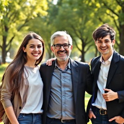 A photorealistic image featuring three people standing together