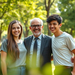A photorealistic image featuring three people standing together