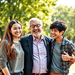 A photorealistic image featuring three people standing together