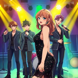 In an anime-inspired scene titled 'Sorry Mom', a young woman confidently stands on a lively stage, wearing a black glimmering glam sparkling dress that accentuates her curves with dazzling sequins