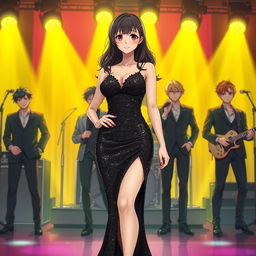 In an anime-inspired scene titled 'Sorry Mom', a young woman confidently stands on a lively stage, wearing a black glimmering glam sparkling dress that accentuates her curves with dazzling sequins