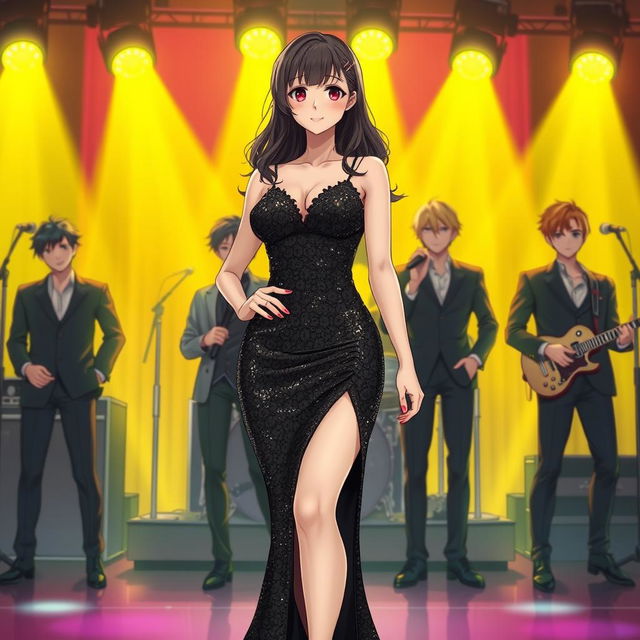 In an anime-inspired scene titled 'Sorry Mom', a young woman confidently stands on a lively stage, wearing a black glimmering glam sparkling dress that accentuates her curves with dazzling sequins