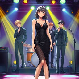 In an anime-inspired scene titled 'Sorry Mom', a young woman confidently stands on a lively stage, wearing a black glimmering glam sparkling dress that accentuates her curves with dazzling sequins