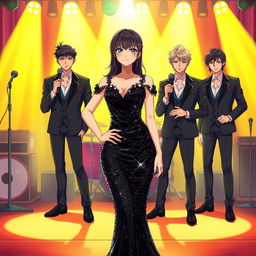 In an anime-inspired scene titled 'Sorry Mom', a young woman confidently stands on a lively stage, wearing a black glimmering glam sparkling dress that accentuates her curves with dazzling sequins