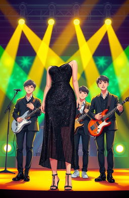 A young Korean woman in a black glimmering glam sparkling dress stands confidently on a vibrant stage, surrounded by four handsome Korean men in stylish outfits