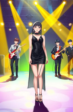 A young Korean woman in a black glimmering glam sparkling dress stands confidently on a vibrant stage, surrounded by four handsome Korean men in stylish outfits
