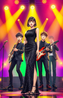 A young Korean woman in a black glimmering glam sparkling dress stands confidently on a vibrant stage, surrounded by four handsome Korean men in stylish outfits