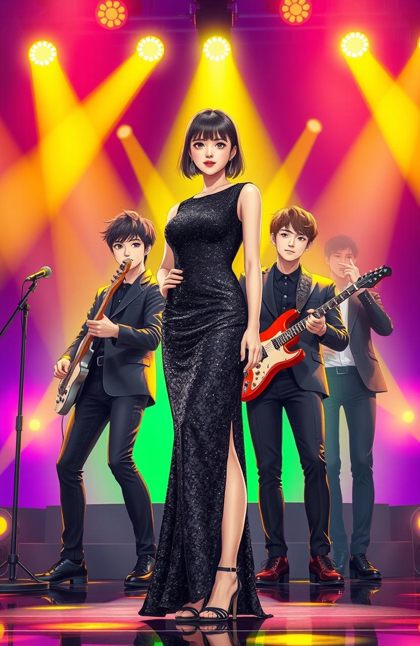 A young Korean woman in a black glimmering glam sparkling dress stands confidently on a vibrant stage, surrounded by four handsome Korean men in stylish outfits