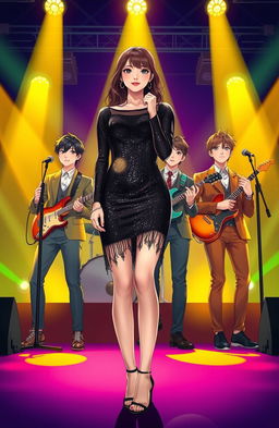 A young Korean woman in a black glimmering glam sparkling dress stands confidently on a vibrant stage, surrounded by four handsome Korean men in stylish outfits