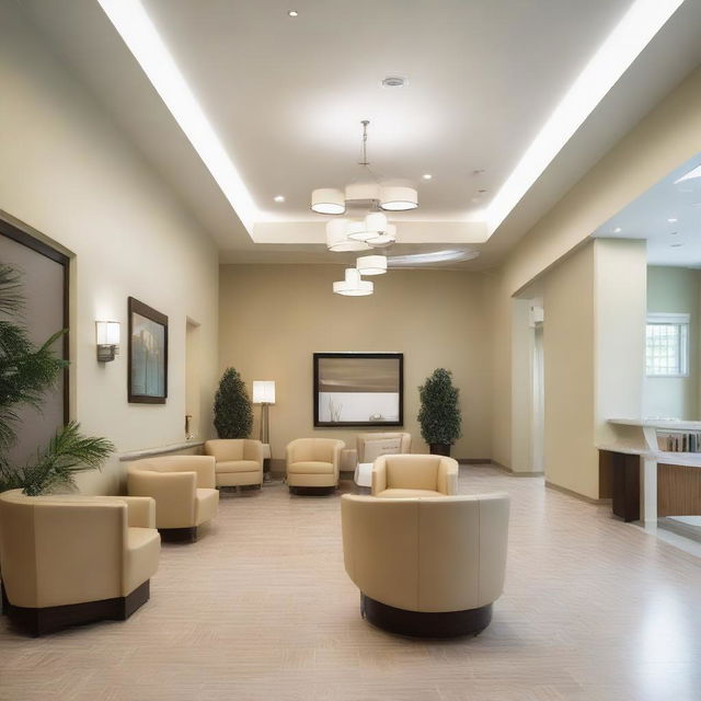 A large, welcoming reception area for a dental clinic featuring fifteen comfortable chairs for patients. Accompanied by a reception desk, the room is illuminated with soft light, complemented with tasteful decor and soothing wall colors.