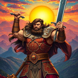 A stunning artwork depicting Rostam, the legendary hero from the Shahnameh, in a dramatic and heroic pose