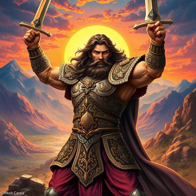 A stunning artwork depicting Rostam, the legendary hero from the Shahnameh, in a dramatic and heroic pose