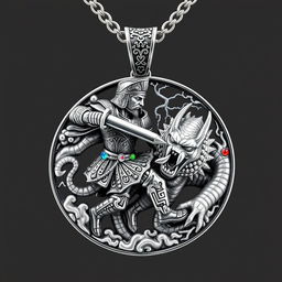 A striking necklace pendant featuring Rostam, the legendary hero from the Shahnameh, engaged in a fierce battle with the White Demon (Div-e سپید)