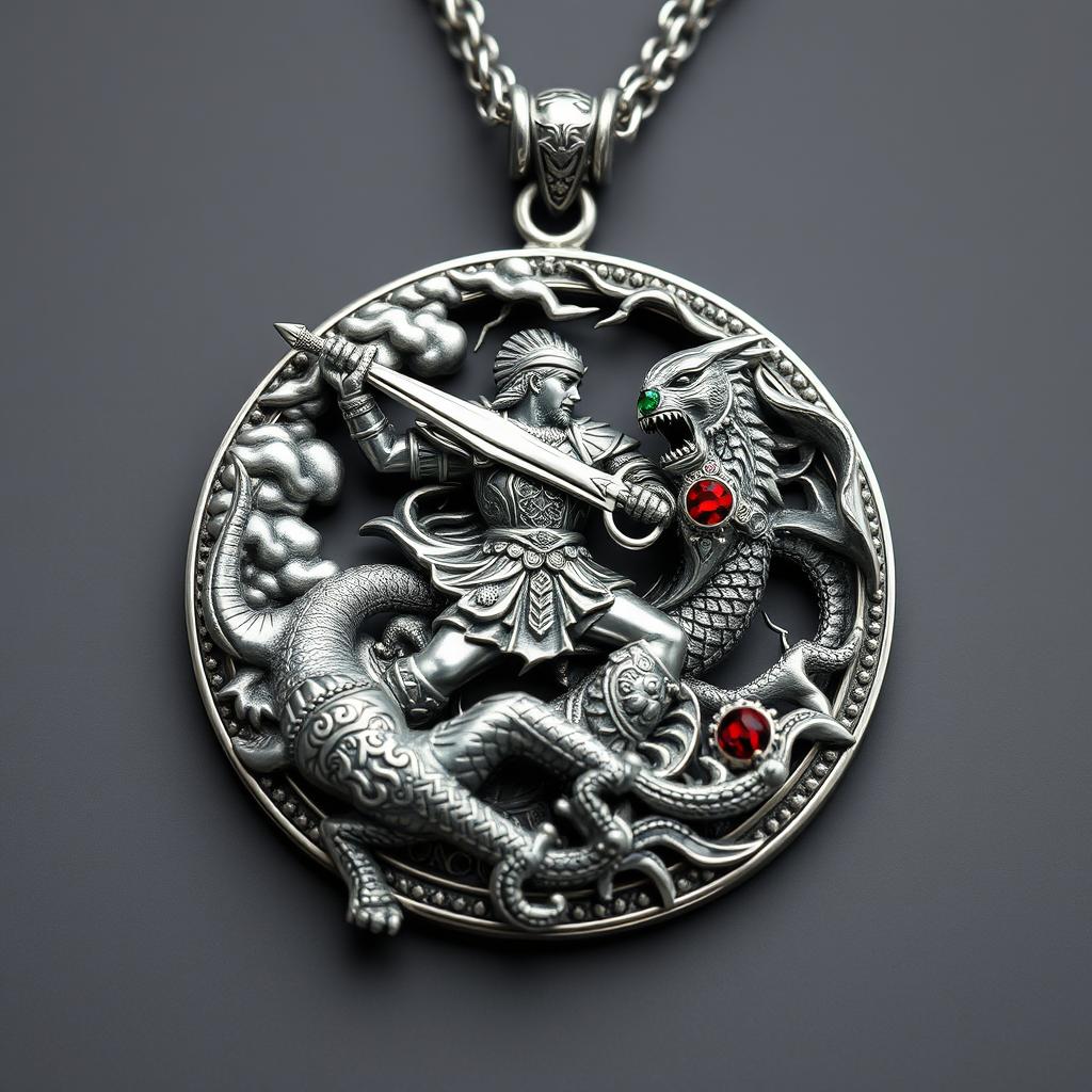 A striking necklace pendant featuring Rostam, the legendary hero from the Shahnameh, engaged in a fierce battle with the White Demon (Div-e سپید)