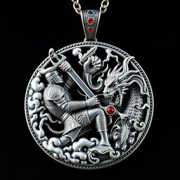 A striking necklace pendant featuring Rostam, the legendary hero from the Shahnameh, engaged in a fierce battle with the White Demon (Div-e سپید)